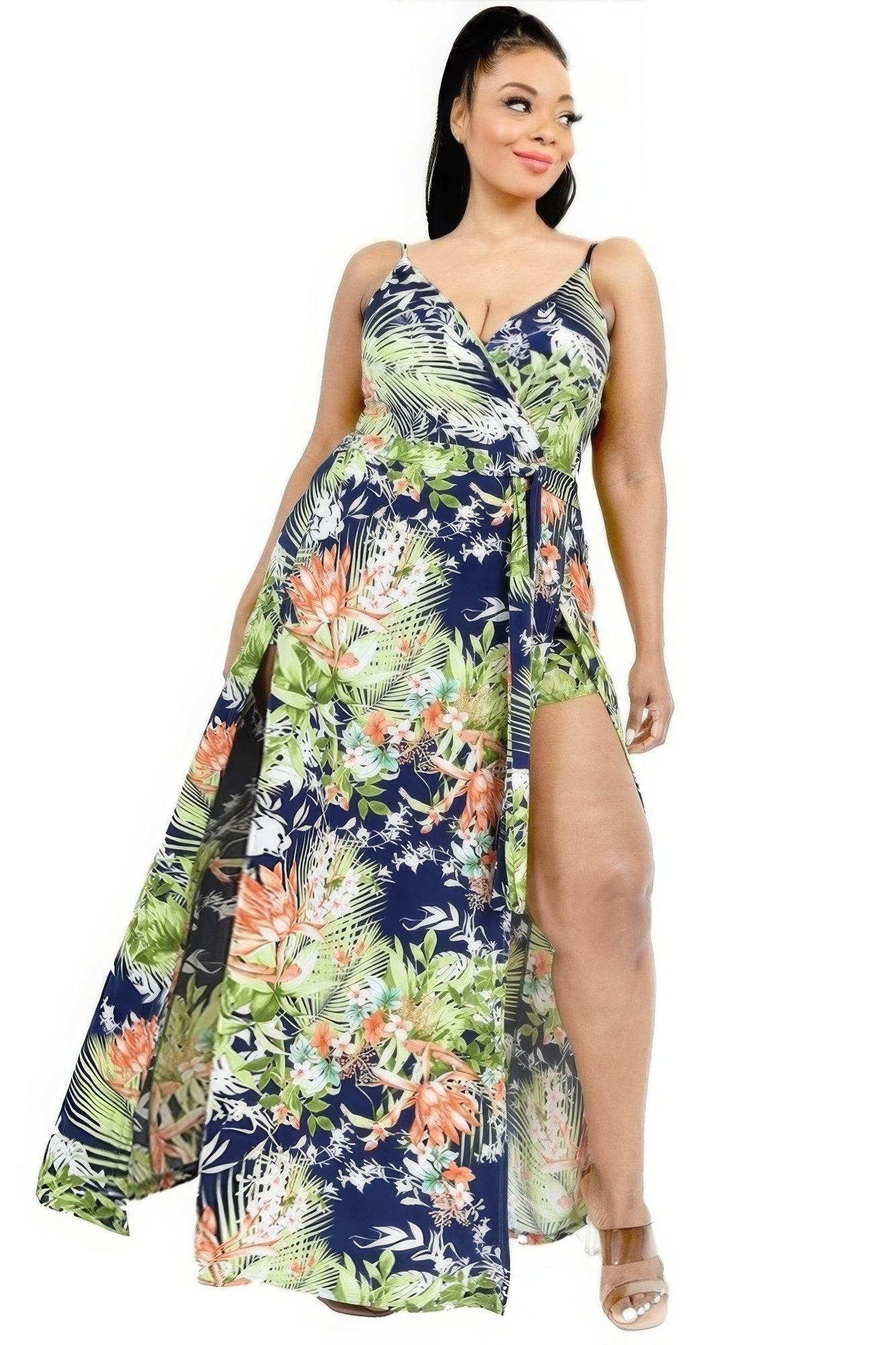 Plus Tropical Leaf Surplice Maxi Dress