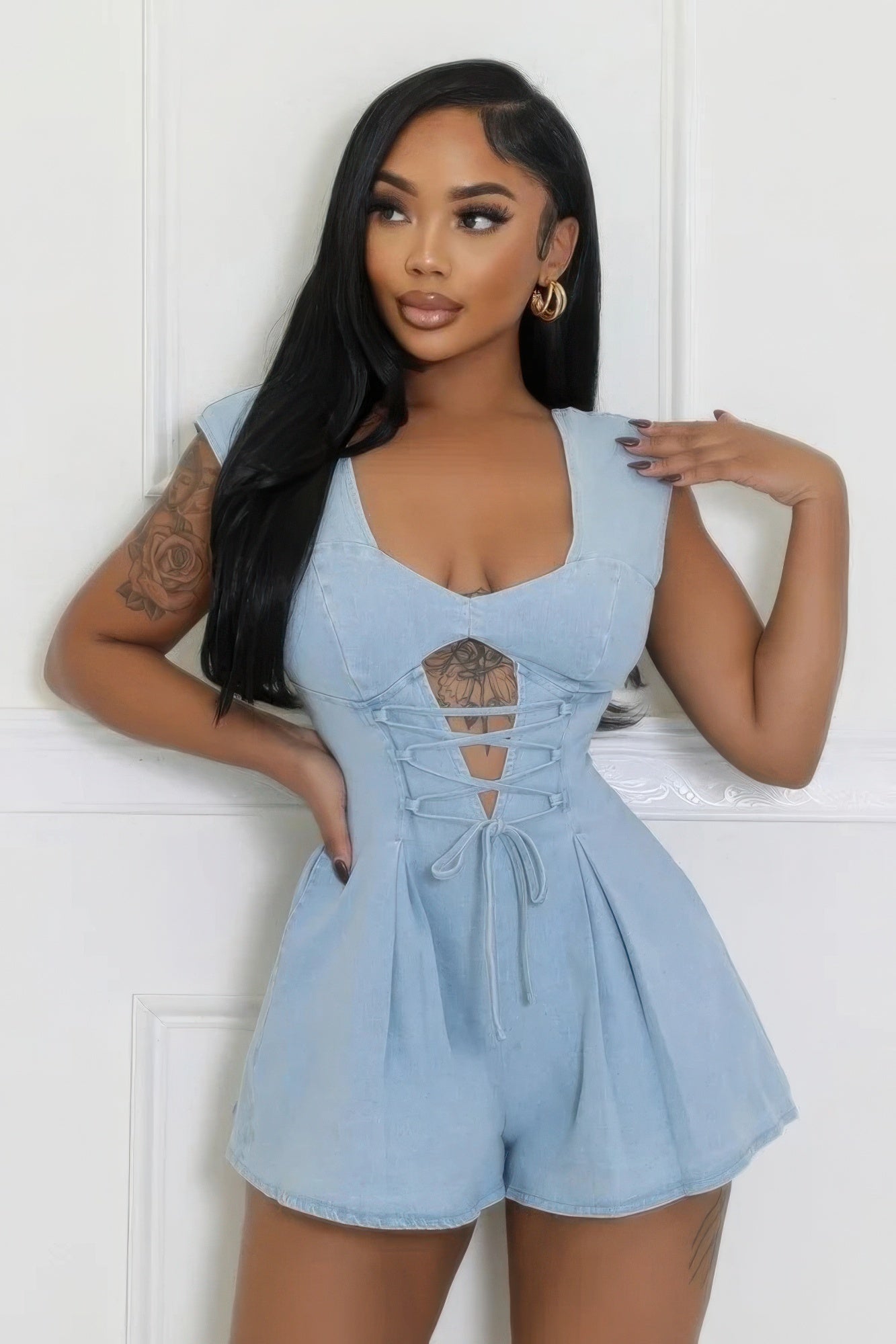 Delilah Deep V Denim Romper