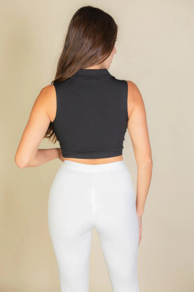 Solid Ribbed Polo Crop Top