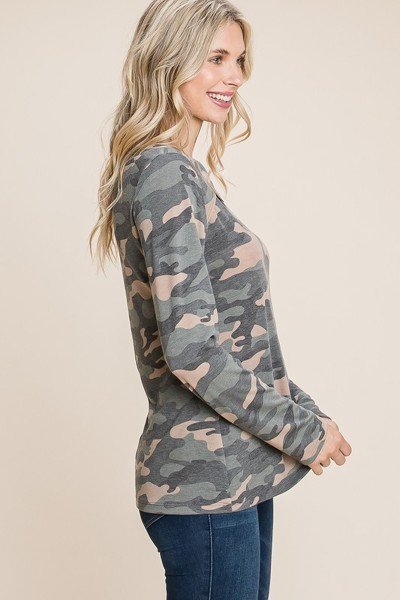 Camo Print Cut Out Long Sleeve Top