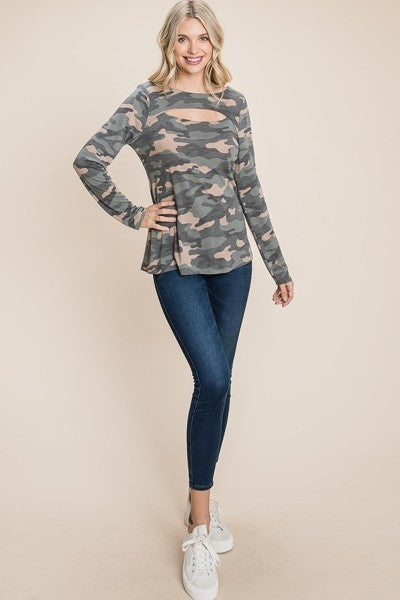 Camo Print Cut Out Long Sleeve Top