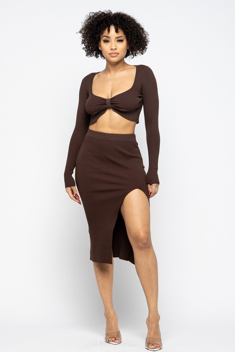 Sexy Chocolate High Slit Skirt Set