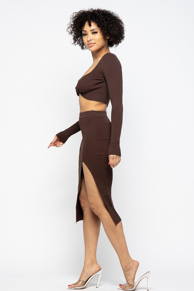 Sexy Chocolate High Slit Skirt Set