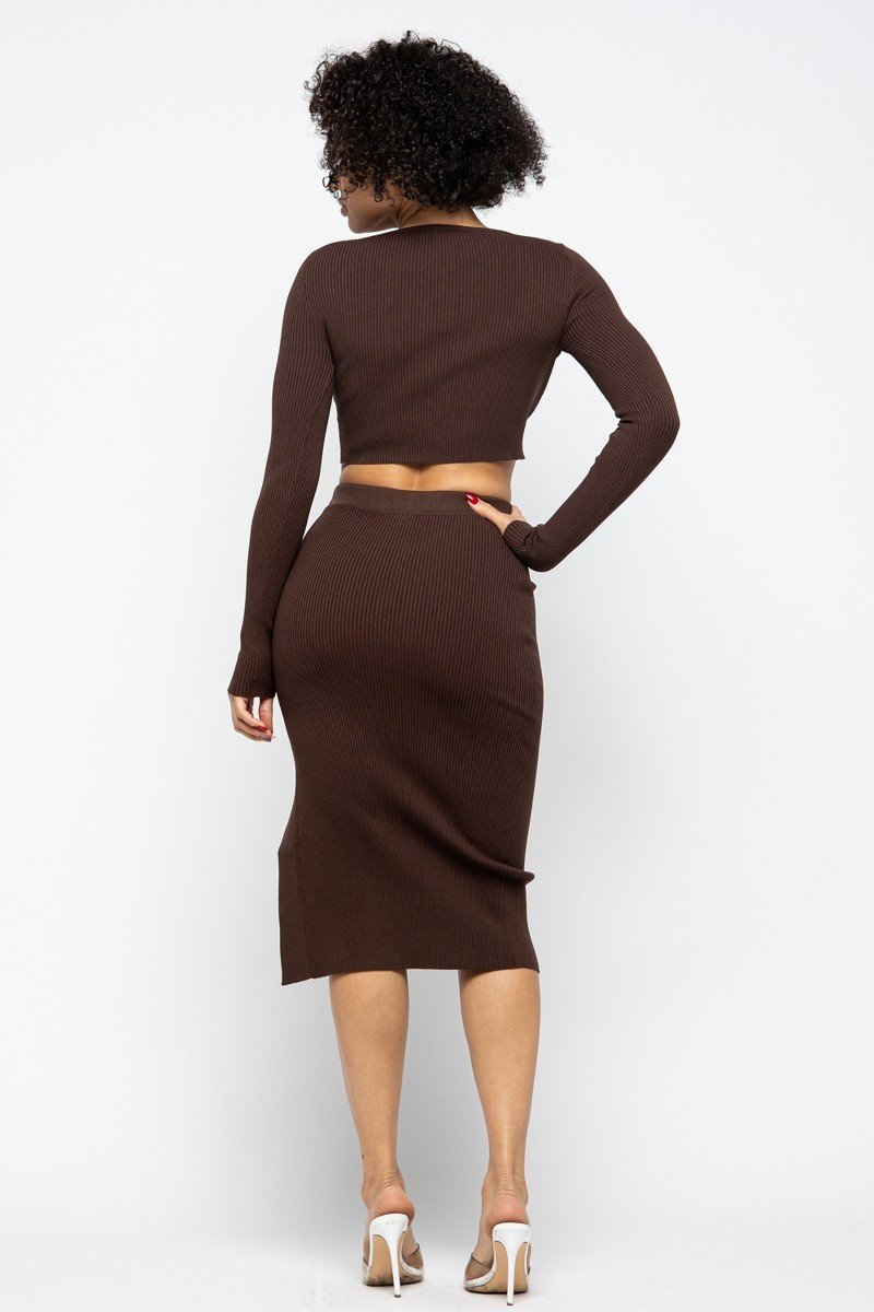 Sexy Chocolate High Slit Skirt Set