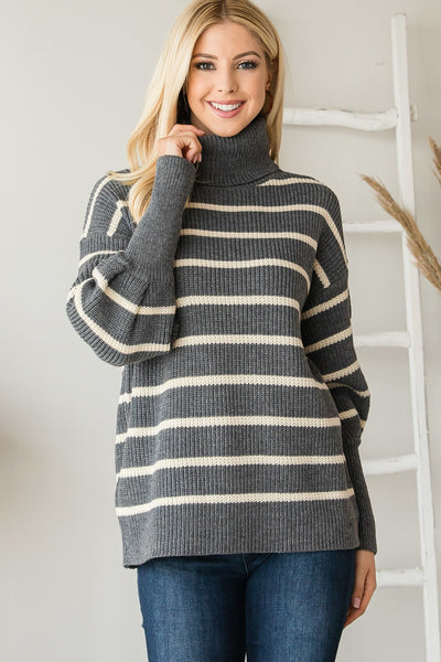 Heavy Knit Striped Turtle Neck Sweater