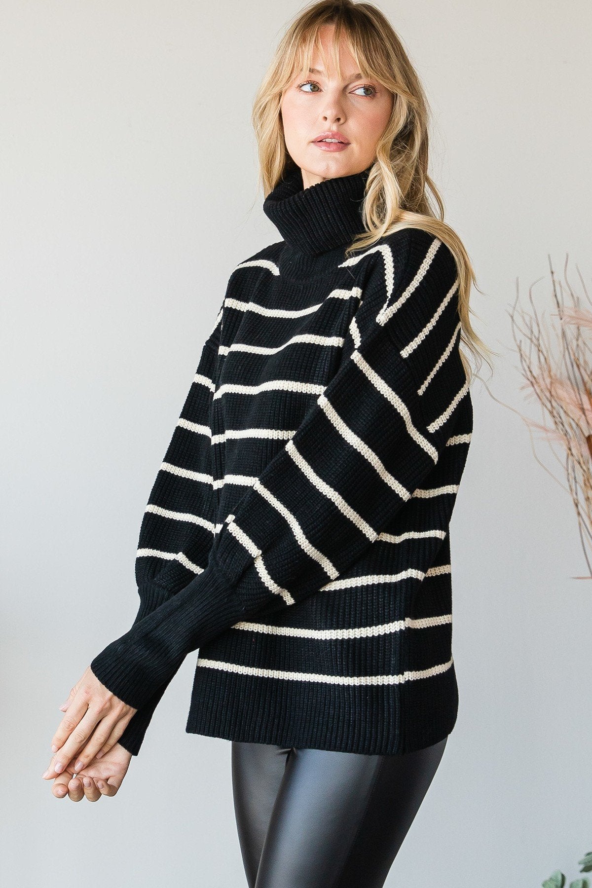 Heavy Knit Striped Turtle Neck Sweater