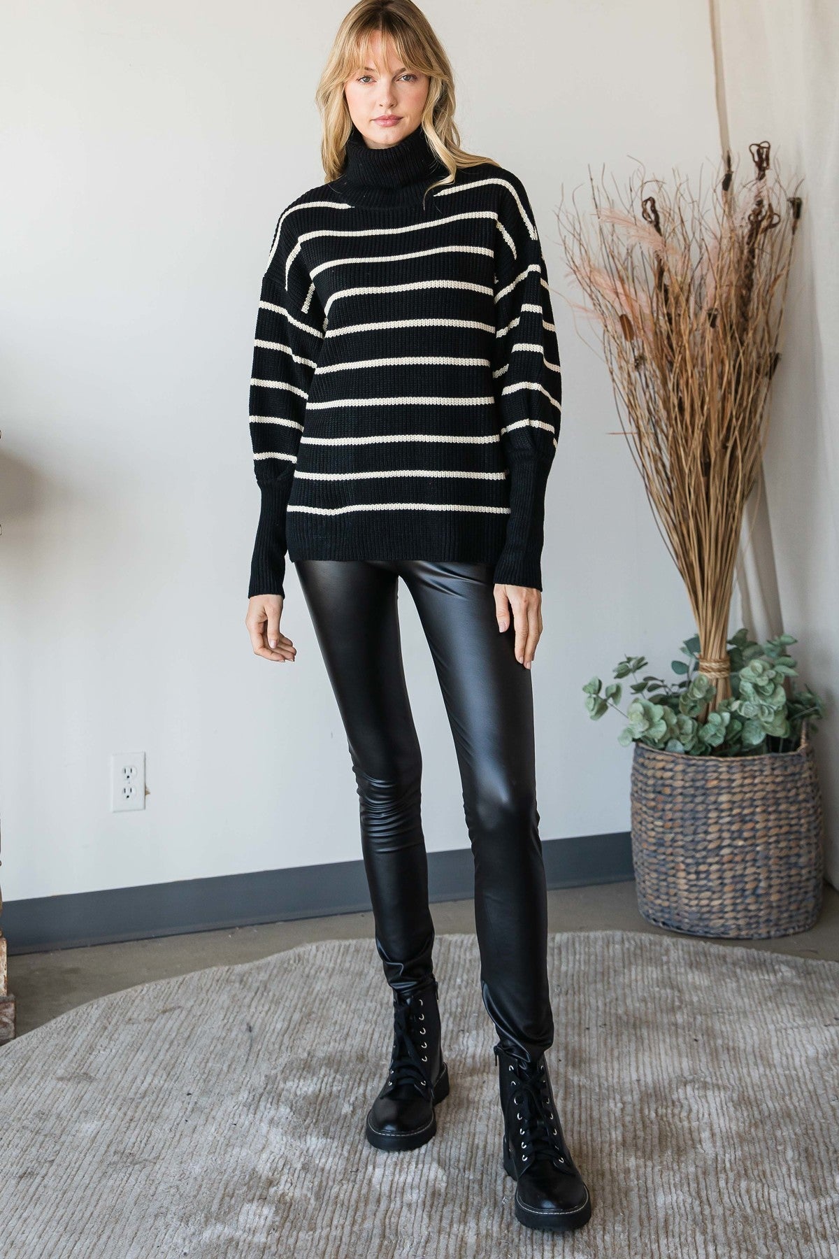 Heavy Knit Striped Turtle Neck Sweater