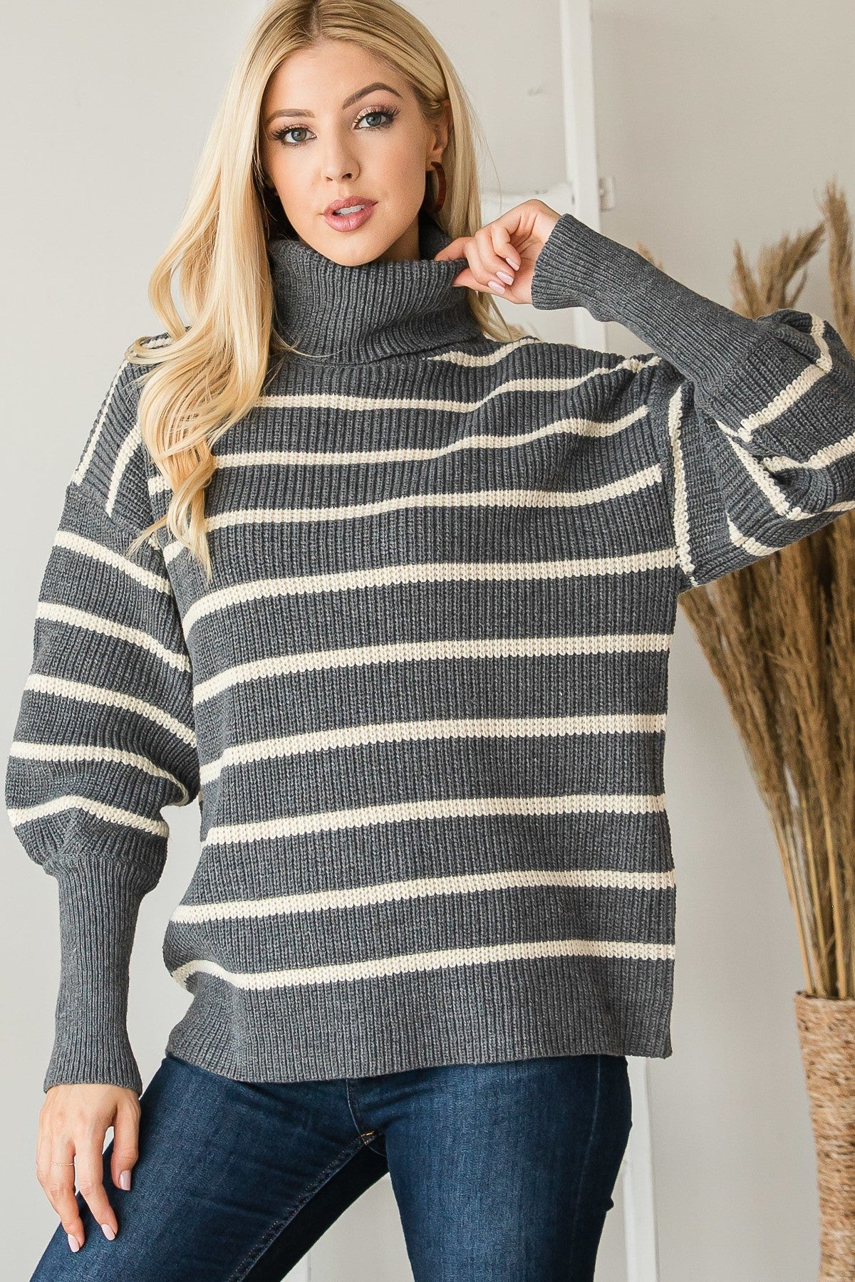 Heavy Knit Striped Turtle Neck Sweater