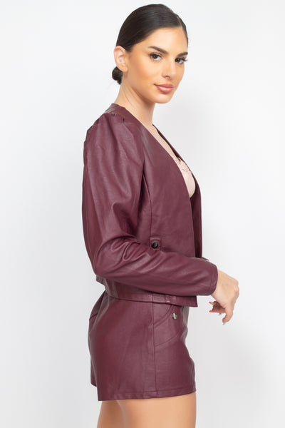 Faux Leather Detailed Jacket & Shorts Set