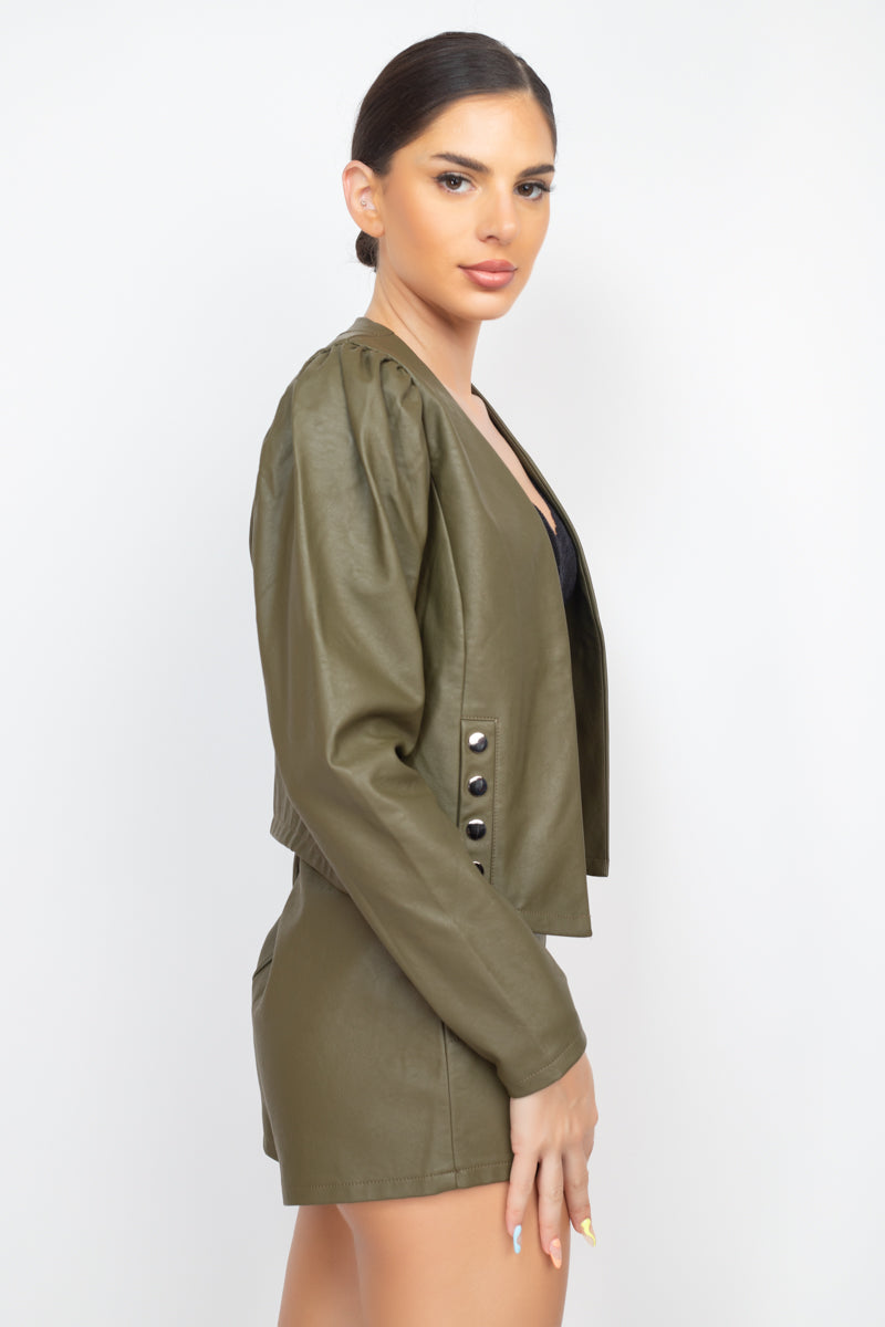 Faux Leather Detailed Jacket & Shorts Set