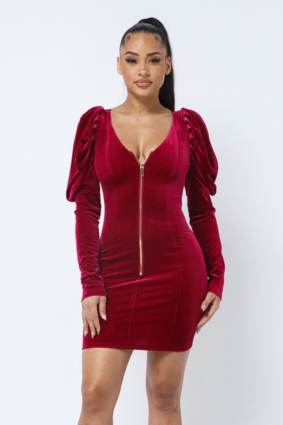 Velvet Pleated Puff Sleeve Mini Dress