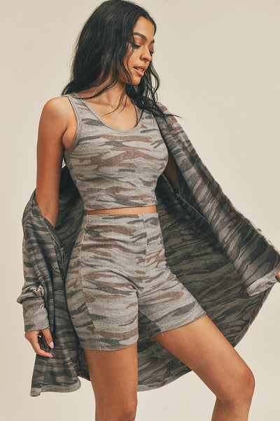 Camo Cardigan Three Piece Set