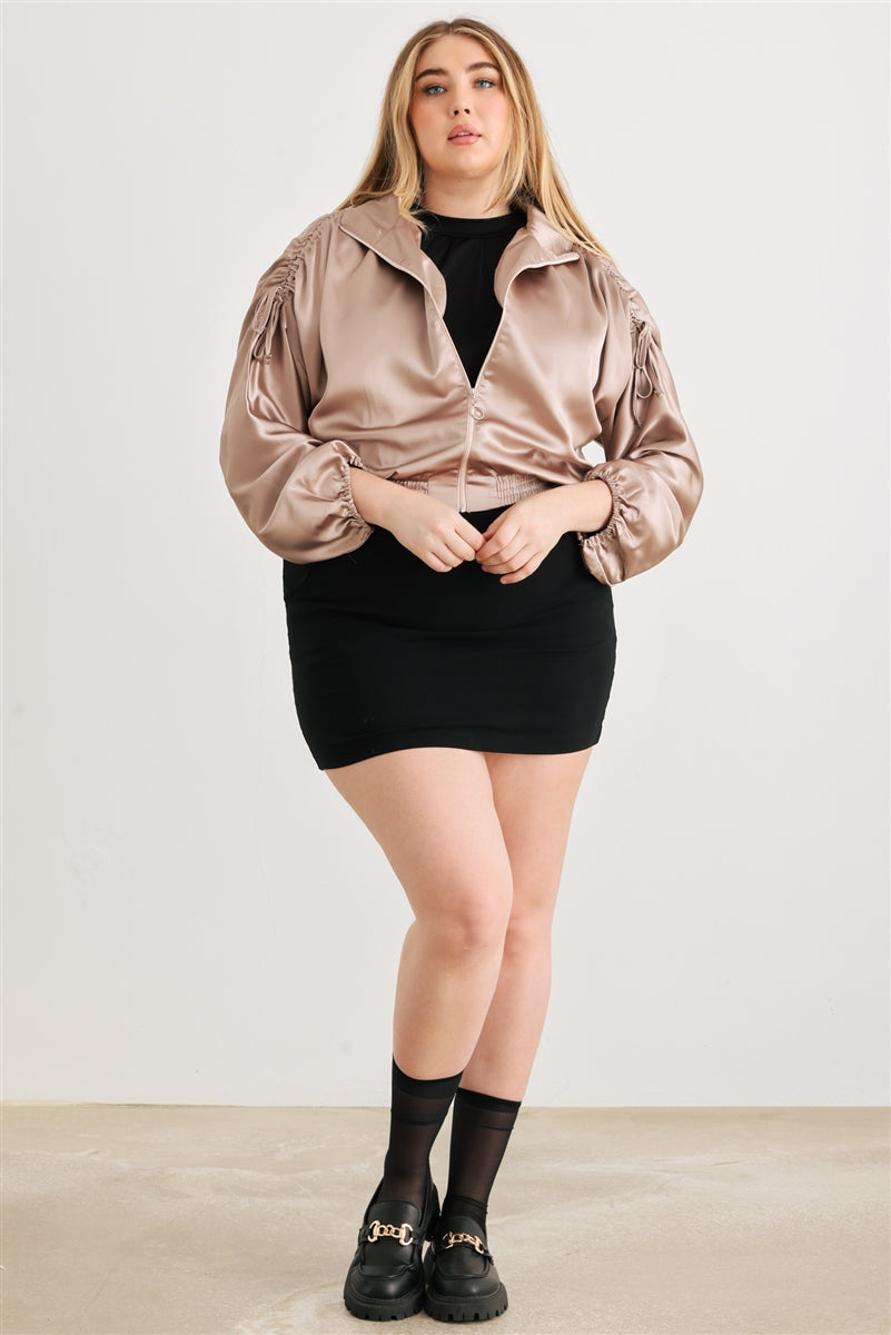 Plus Satin Ruched Cropped Bomber Jacket