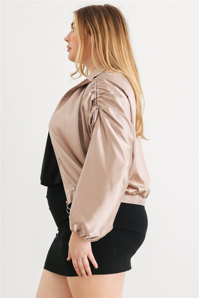 Plus Satin Ruched Cropped Bomber Jacket