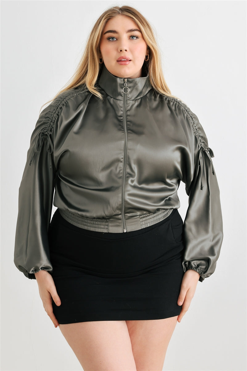 Plus Satin Ruched Cropped Bomber Jacket