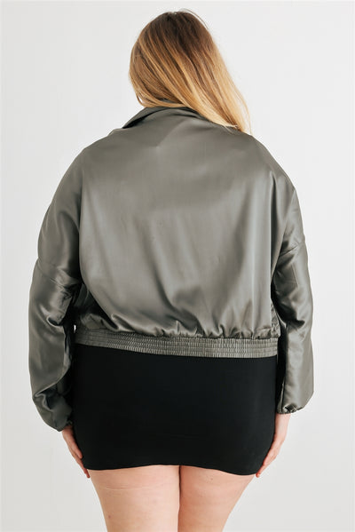 Plus Satin Ruched Cropped Bomber Jacket