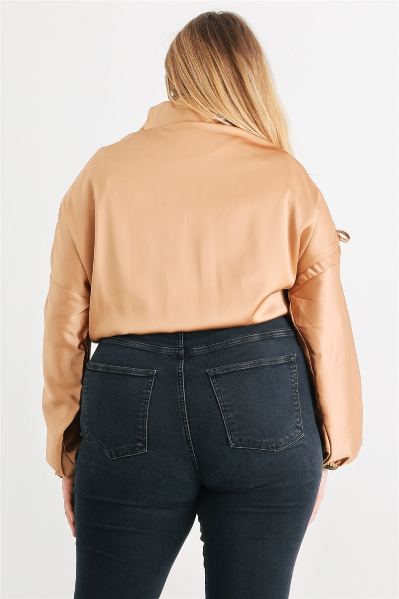 Plus Satin Ruched Cropped Bomber Jacket