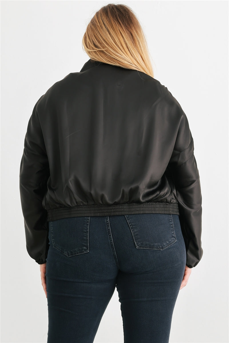 Plus Satin Ruched Cropped Bomber Jacket