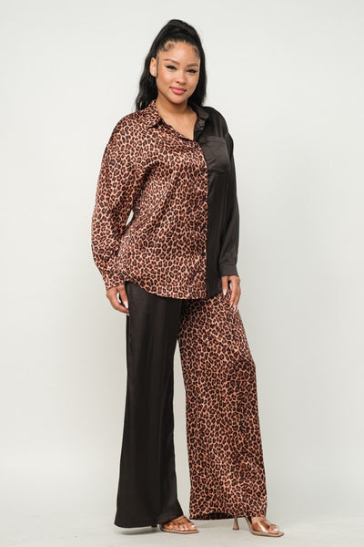 Satin Color Block Animal Print Pants Set