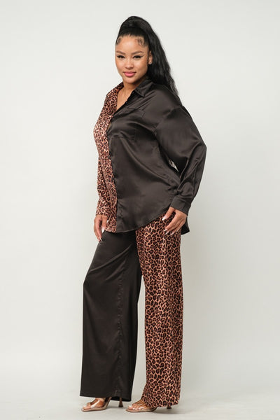 Satin Color Block Animal Print Pants Set