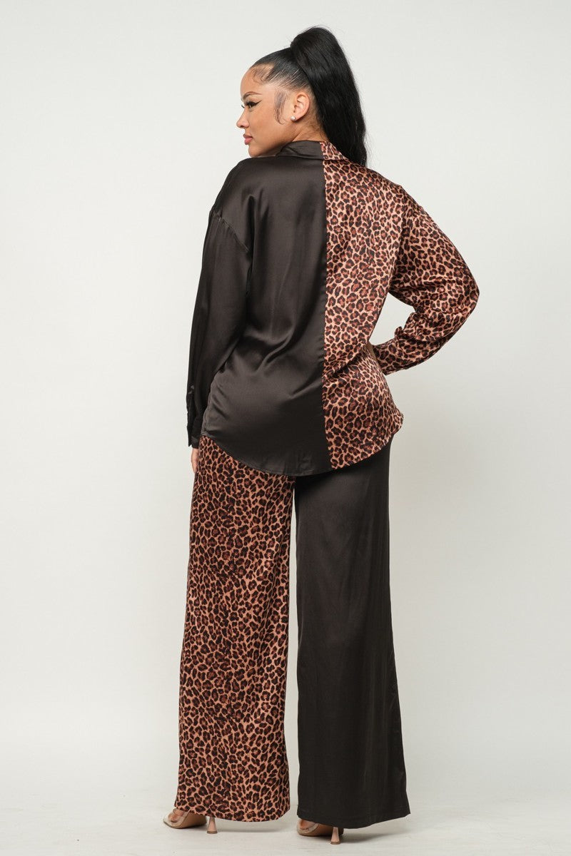 Satin Color Block Animal Print Pants Set