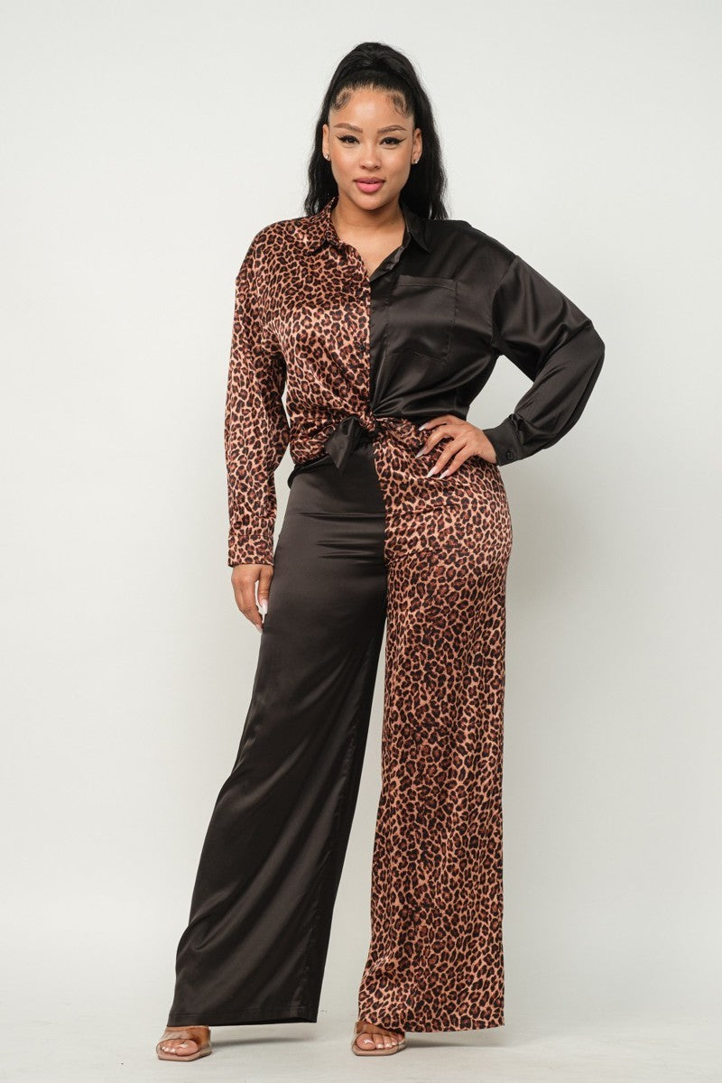 Satin Color Block Animal Print Pants Set