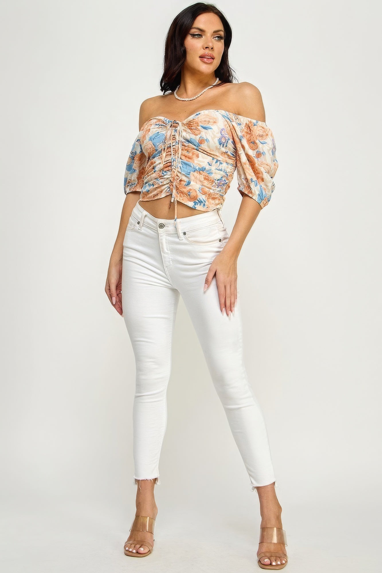 Floral Lace Up Ruched Crop Top