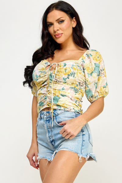 Floral Lace Up Ruched Crop Top